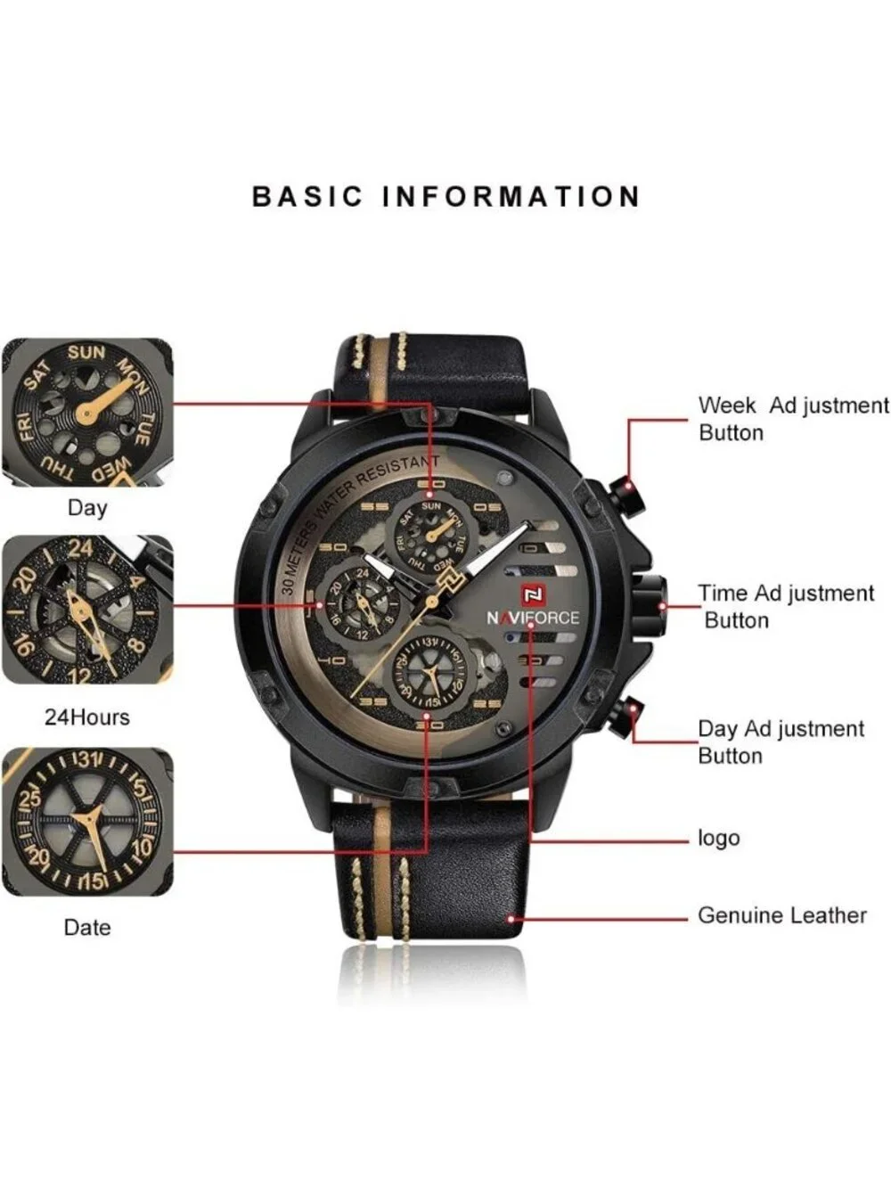 Men's Black Yellow Analog Quartz Leather Band Waterproof Military Wrist Watch